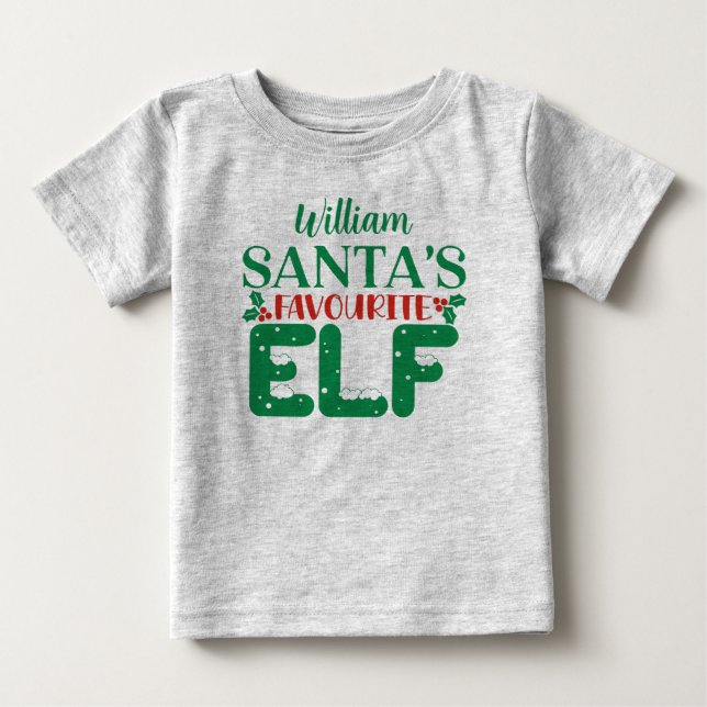 Bebé Camiseta de Navidad el elfo favorito de Santa. Nom (Anverso)