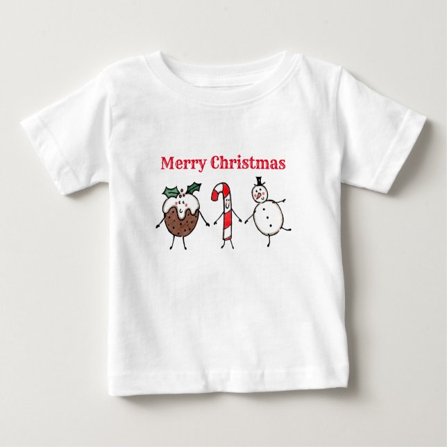 Bebé Camiseta de navidades Pudding, Snowman y Candy Can (Anverso)
