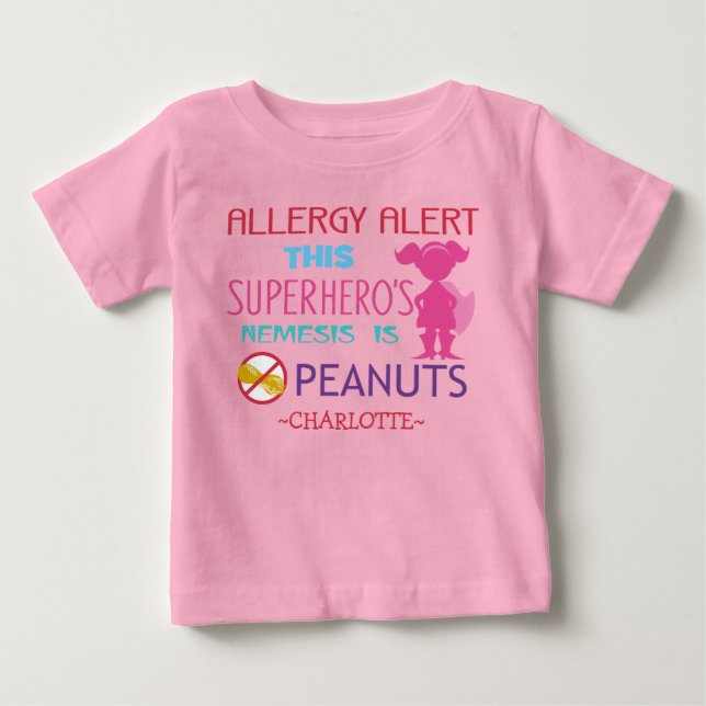 Bebé Camiseta de niñas superhéroes con alerta de alergi (Anverso)