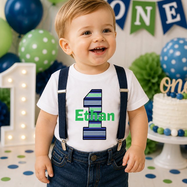 Bebé Camiseta de niño de primer cumpleaños a rayas (Striped First Birthday Boy T-Shirt)