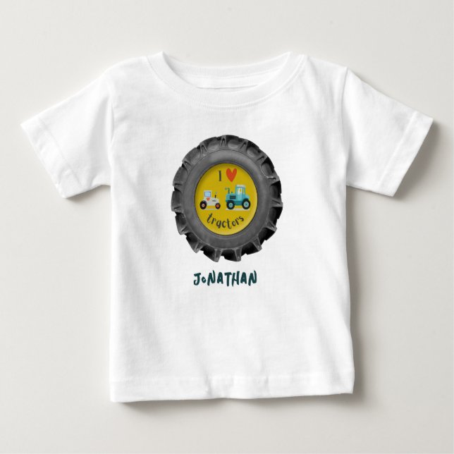 Bebé Camiseta de nombre de niño Me encantan los tractor (Anverso)