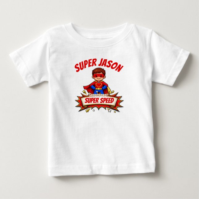 Bebé Camiseta de nombre y superpoder de superhéroe pers (Anverso)