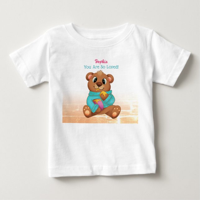 Bebé Camiseta de oso comiendo miel, nombre del niño y m (Anverso)