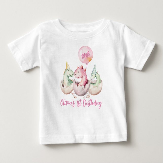 Bebé Camiseta de primer cumpleaños de Dinosaurio Rosado (Anverso)
