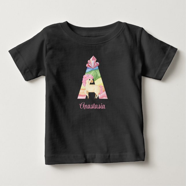 Bebé Camiseta de unicornio con la letra A (Anverso)