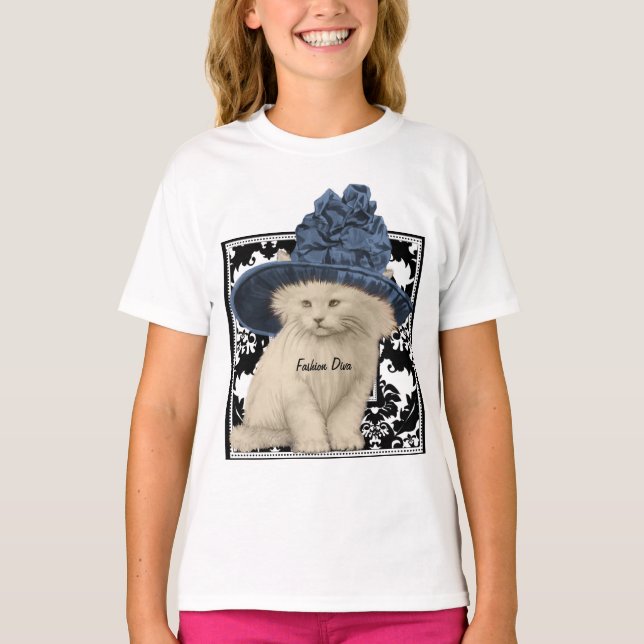 Bebé Camiseta Divina de Moda con Sombrero Azul de Gato  (Anverso)