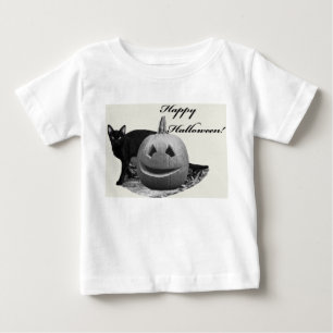 Bebé Camiseta Feliz Halloween de Gato y Calabaza