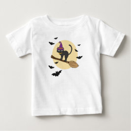 Bebé Camiseta juvenil de gato bruja en escoba, Hallowee