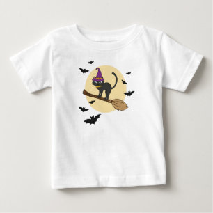 Bebé Camiseta juvenil de gato bruja en escoba, Hallowee