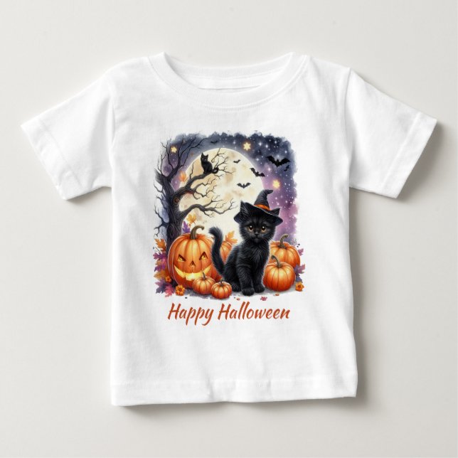 Bebé Camiseta negra de gato lindo de Halloween (Anverso)