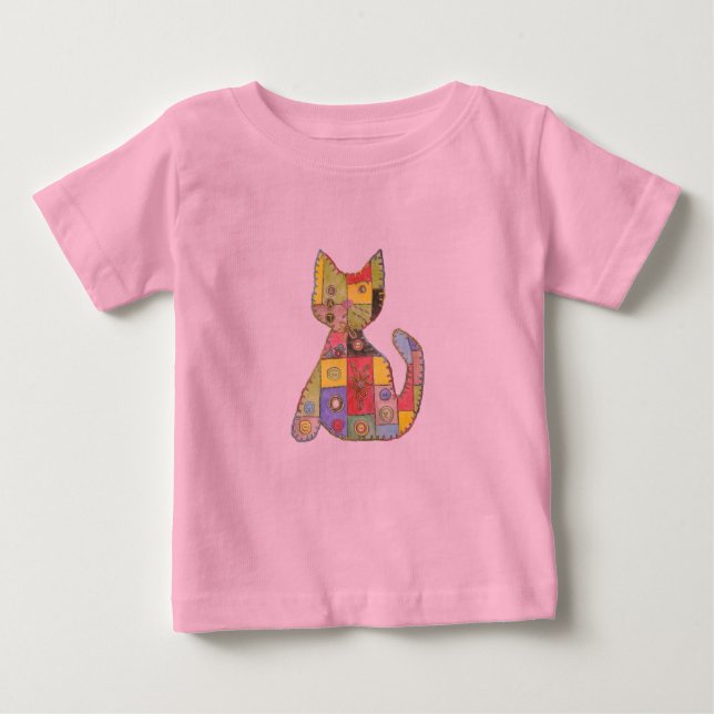 Bebé Camiseta rosada de gato en mosaico (Anverso)