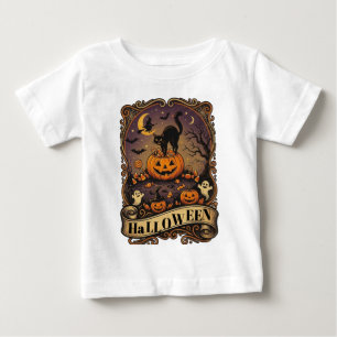 Bebé Camiseta vintage de Halloween gato negro calabaza
