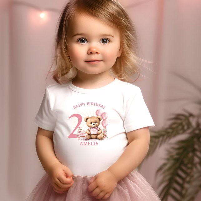 Bebé Chica de cumpleaños de oso rosado 2º Camiseta de b (Pink 2nd Bear Birthday Girl Toddler T-shirt)