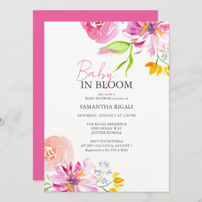 Bebé Chica Invitación a ducha Floral acuarela (Anverso / Reverso)