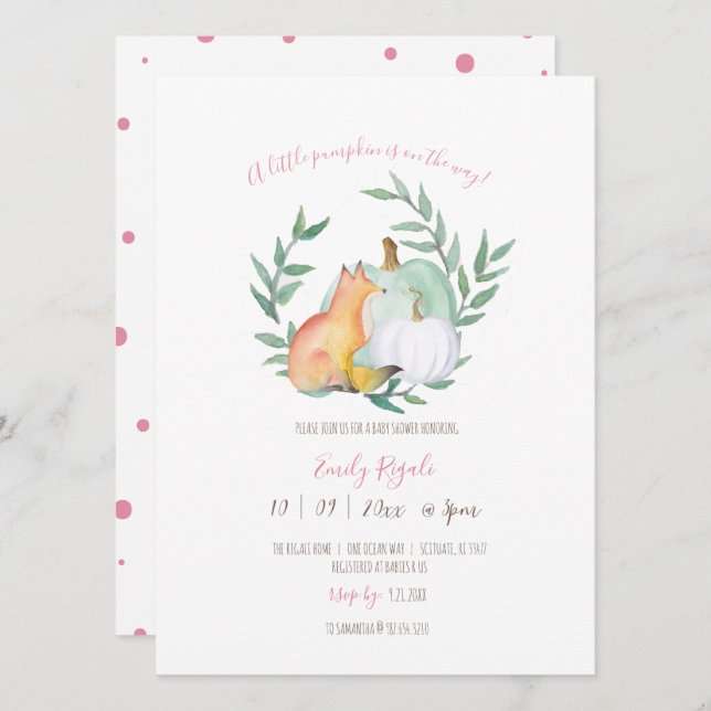 Bebé Chica Invitaciones Watercolor Fox (Anverso / Reverso)