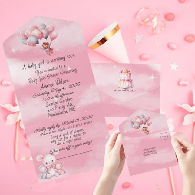 Bebé Chica Nubes Rosa Globos Invitación a la ducha (Subido por el creador)