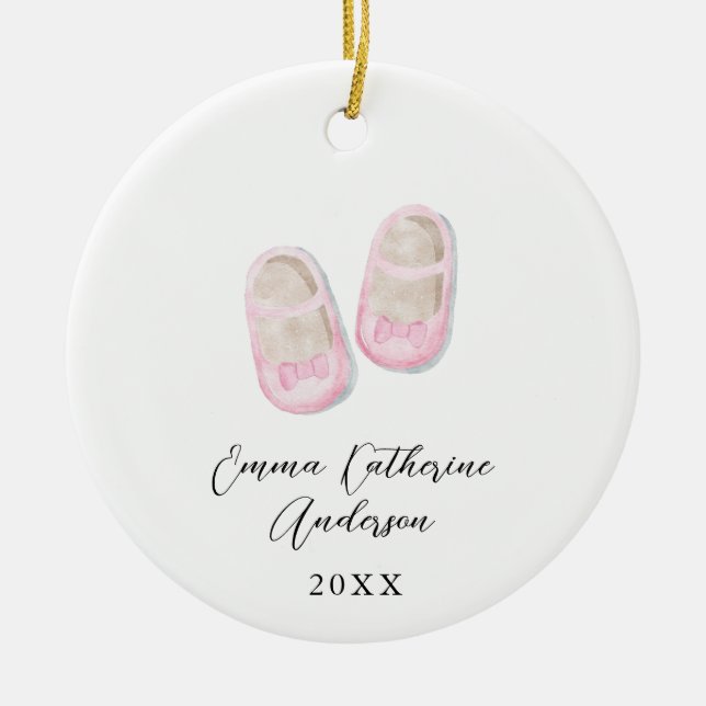 Bebé Chica Rosa Zapatos Navidades Ornamento cerámi (Frente)