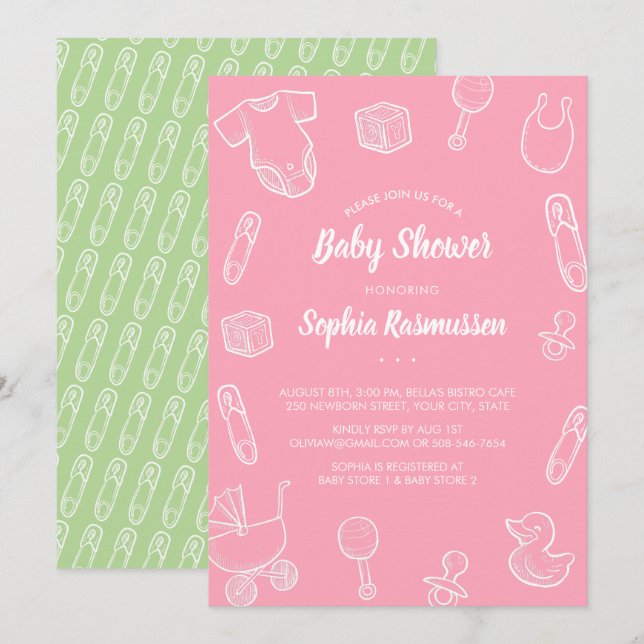 Bebé Chica Toyos Ropa Invitación rosa de Baby Show (Anverso / Reverso)