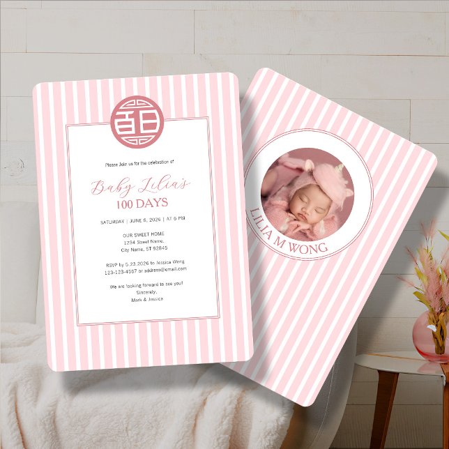 Bebé Chino 100 Días Invitación Rosa 百日 (Subido por el creador)