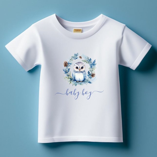 Bebé Chuleta de agua de búho de invierno Niño Camiseta (Winter Owl Watercolor Boy Baby T-Shirt)