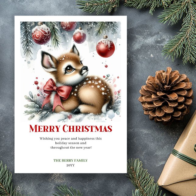 Bebé ciervo digital bosque nevado acuarela Navidad (Digital Baby Deer Snowy Forest Watercolor Christmas Card

)