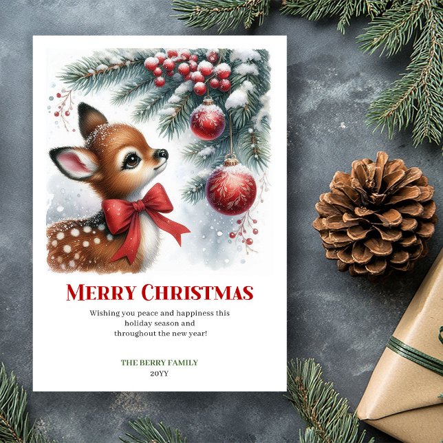 Bebé ciervo digital bosque nevado acuarela Navidad (Digital Baby Deer Snowy Forest Watercolor Christmas Card

)