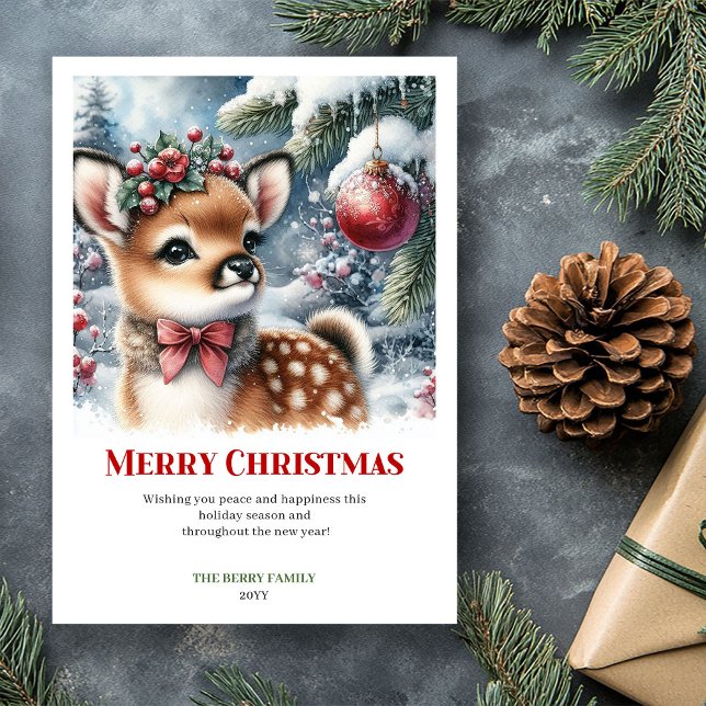 Bebé ciervo elegante Navidad bosque nevado acuarel (Stylish Baby Deer Snowy Forest Watercolor Christmas Card

)