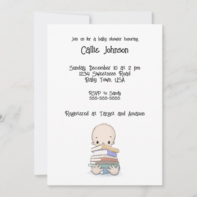 Bebé con libros Invitación a la ducha, personaliza (Anverso)
