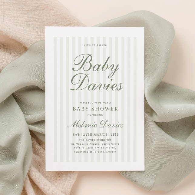 Bebé con Raya Verde Invitación de Baby Shower Neut (Sage green Baby shower invitation. Green stripe gender neutral baby shower)