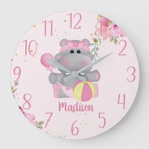Bebé Cute Personalizado Hippo Floral Gran Reloj