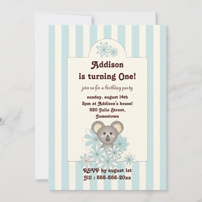 Bebe de banda azul Niños Koala Invitación de cumpl (Anverso)