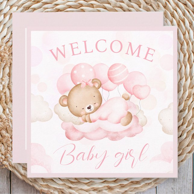 Bebé de bienvenida Nombre de la niña Tarjeta de os (Welcome Baby Girl Name Personalized Pink Bear Card)
