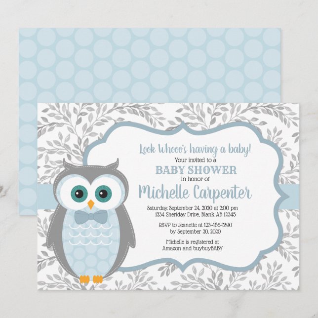 bebé de búho invitación de niño madera gris azul (Anverso / Reverso)
