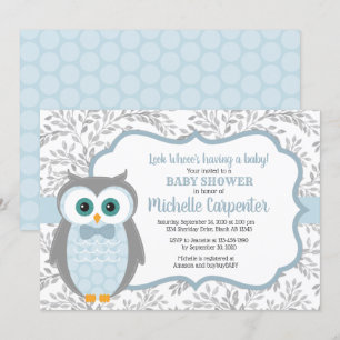 bebé de búho invitación de niño madera gris azul