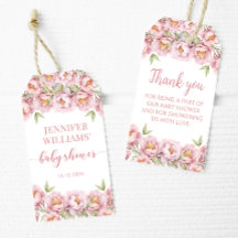 Bebé de flores rosadas ducha etiquetas de regalo