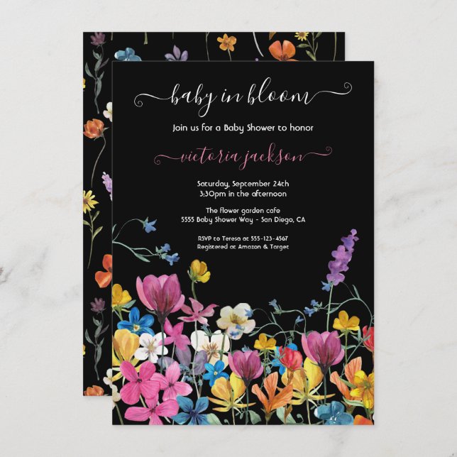 Bebé de flores silvestres en una invitación de Bab (Anverso / Reverso)