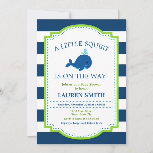 Bebé de la invitación de Baby Shower de la ballena (Anverso)