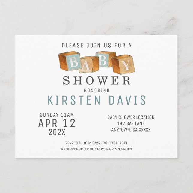 Bebé de madera rústica bloquea postal Baby Shower  (Anverso)