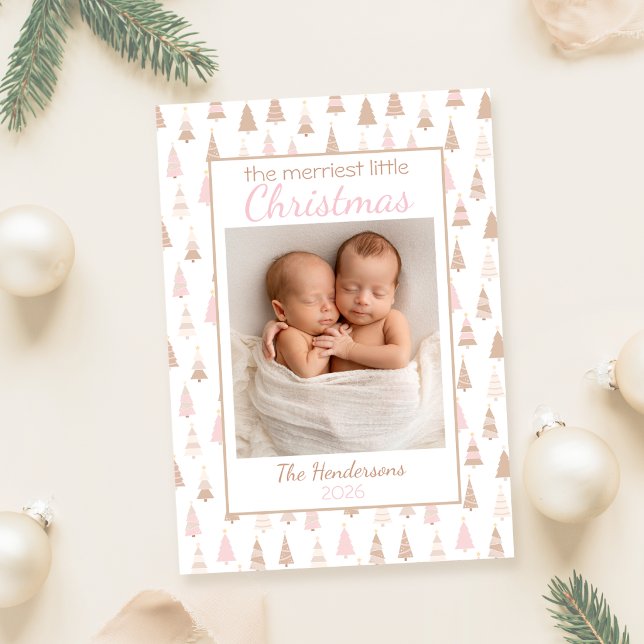 Bebé de Navidad más alegre (Baby's first Christmas card with a photo and neutral and pink christmas trees)
