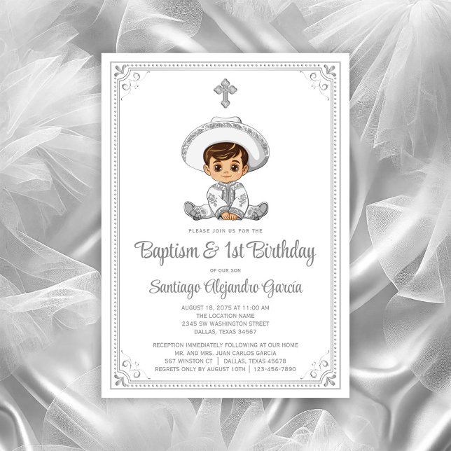 Bebé de plata Charro Bautismo e Invitación al cump (Baby charro invitation, you can change all text, move/remove baby, move/remove cross as needed.)
