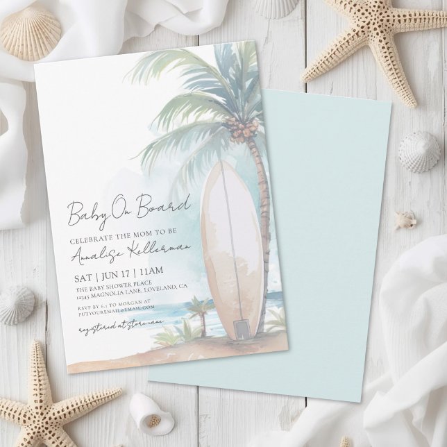 Bebé de Playa y Olas a Bordo Invitación de Baby Sh (Beach Surf Baby On Board Summer Baby Shower Invitation)