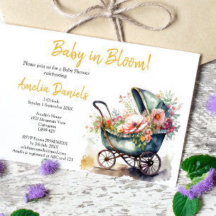 Bebé de Pram Vintage en la invitación de Baby Show
