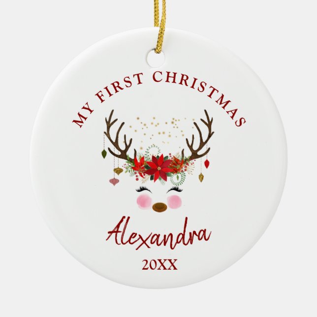 Bebé de renos lindo 1.ᵉʳ Ornamento de Navidad (Frente)