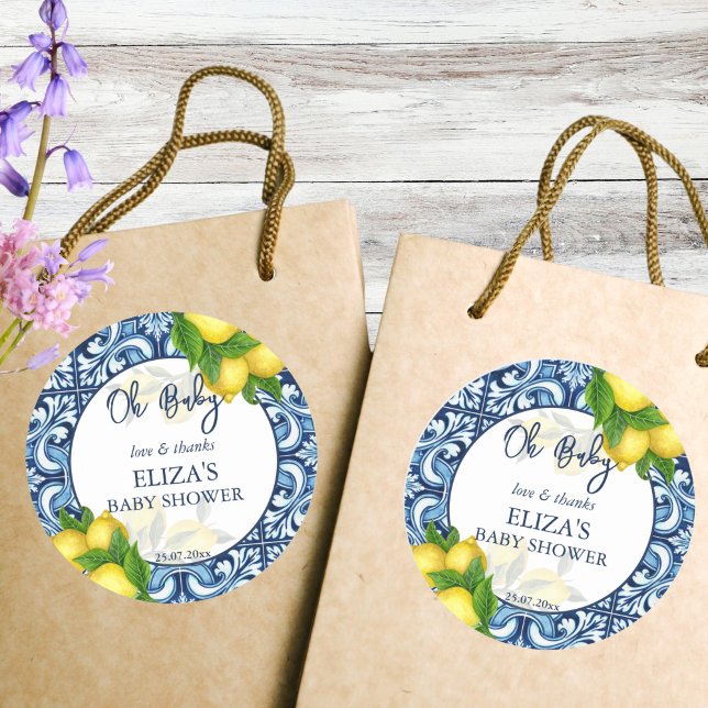 Bebé ducha gracias etiqueta azulejos azules limón  (Baby shower thank you tag blue tiles lemon thank you favor stickers Mediterranean favor stickers)