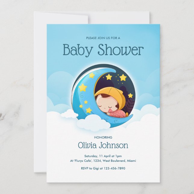 Bebé durmiendo en la luna | Invitación de Baby Sho (Anverso)