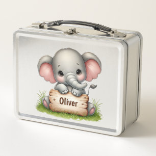 Bebé elefante lindo sosteniendo un letrero con nom