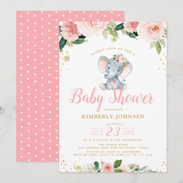 bebé elefante rosa floral invitación a la ducha pa (Anverso / Reverso)
