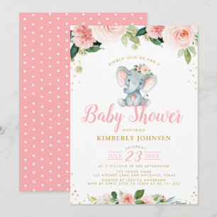 bebé elefante rosa floral invitación a la ducha pa