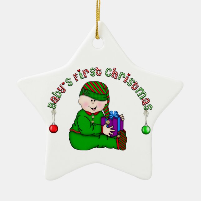 Bebé Elfo Blanco Primer Ornamento de Navidad (Frente)