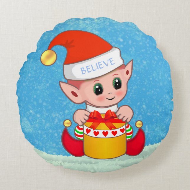 Bebé elfo de Navidad lindo en cojín redondo azul c (Anverso)